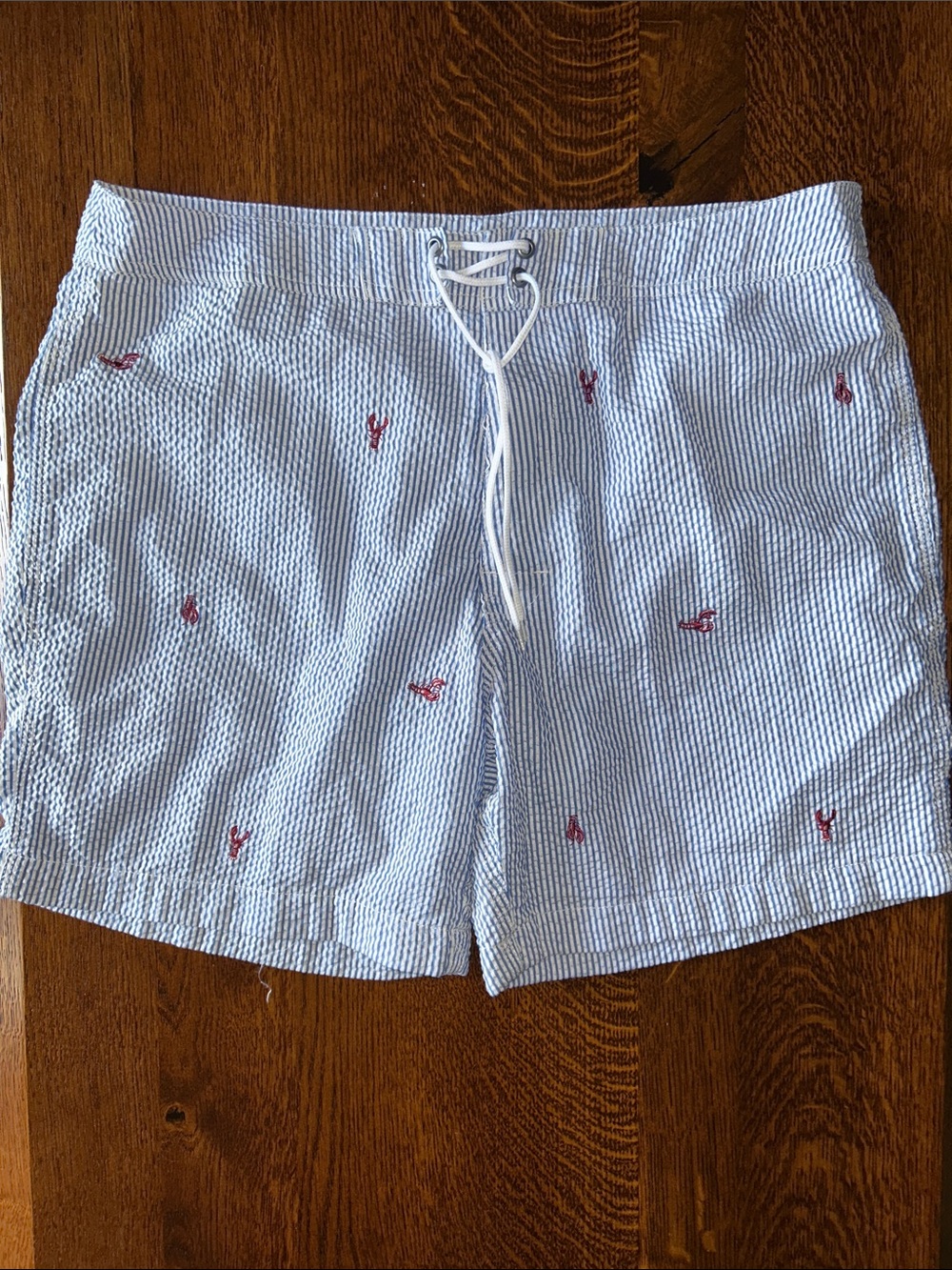 Men's Light Blue Seersucker Swim Shorts with Red Lobster Embroidery